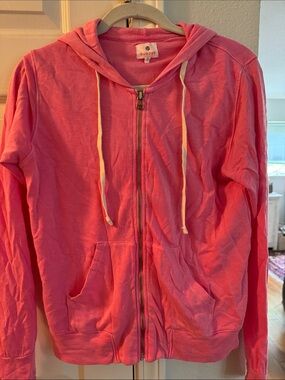 Sundry Coral Pink Full-Zip Hoodie with White Drawstrings